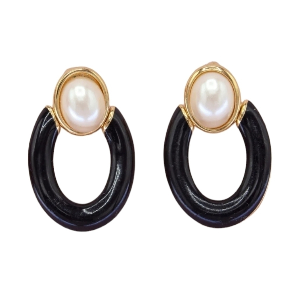 Vintage Monet Gold Pearl Black Enamel Door Knocker Earrings